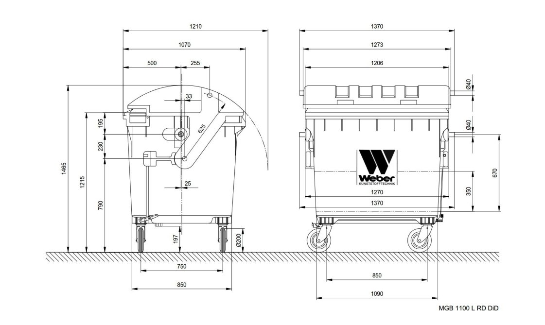 mobile waste containers 1100 L RL LIL Dimensional drawing