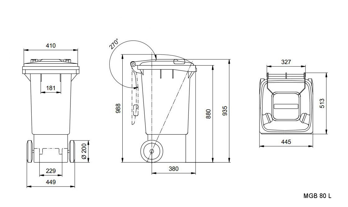 waste recycling bins 80 L Dimensional drawing